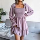 Long-sleeve Square Neck Ruffle-trim Mini A-line Dress