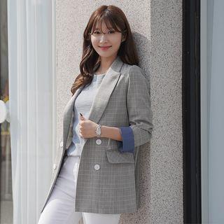 Contrast-trim Double-breasted Glen-plaid Blazer