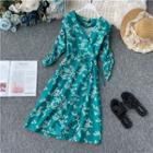 Ruched-sleeve V-neck Printed Chiffon Dress Green - One Size