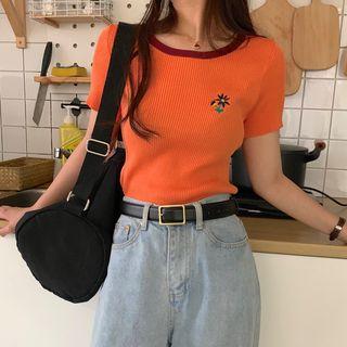 Flower Embroidered Knit Cropped Top