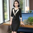 3/4-sleeve Padded Shoulder Lapel Sheath Dress