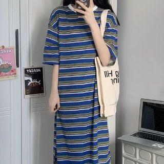 Short-sleeve Striped Oversized Midi T-shirt Dress Blue - One Size