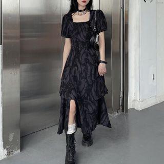 Short-sleeve Square-neck Tie-dye Midi A-line Dress
