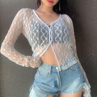 Lace Embroidered Mesh Long-sleeve Cropped Cardigan