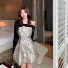 Off Shoulder Plain Cape / Floral A-line Mini Dress
