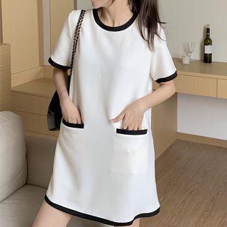 Short-sleeve Round Neck Contrast Trim Mini Dress