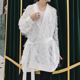 Feather Embellished Open-front Jacket