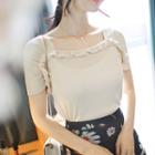 Set: Short-sleeve Frilled Top + Floral Print Midi Skirt