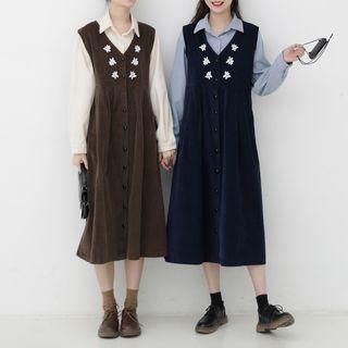 Set: Long-sleeve Shirt + Embroidered Midi A-line Pinafore Dress