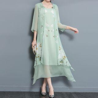 Set: Floral Print Sleeveless A-line Midi Dress + 3/4-sleeve Light Jacket