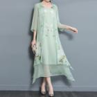 Set: Floral Print Sleeveless A-line Midi Dress + 3/4-sleeve Light Jacket