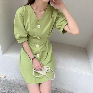 Tie Waist Single Breast Dress Green - One Size