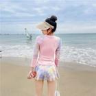 Set: Long-sleeve Print Panel Swim Top + Skirt