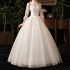 3/4-sleeve Embroidered A-line Wedding Gown / Set