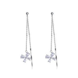 925 Sterling Silver Simple Romantic Four-leafed Clover Tassel Earrings With Cubic Zircon Silver - One Size