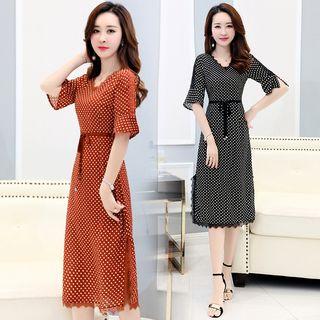 Elbow-sleeve Dotted Lace Panel A-line Dress