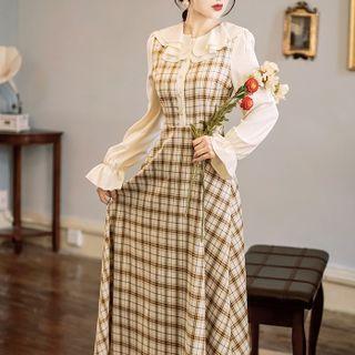Long-sleeve Layered Collar Plaid Midi A-line Dress