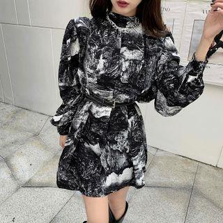Long-sleeve Abstract Print Mini A-line Dress As Shown In Figure - One Size