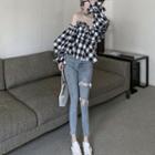 Plaid Off Shoulder Blouse / Jeans