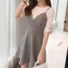 Set: Plain Short-sleeve T-shirt + Spaghetti Strap Gingham Mini A-line Dress