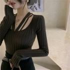 Long-sleeve Strappy Knit Top Coffee - One Size