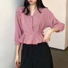 3/4-sleeve Gingham Peplum Blouse Red - One Size
