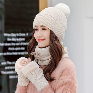 Set: Bobble Knit Beanie + Scarf + Fingerless Gloves