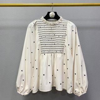 Heart Pattern Print Puff-sleeve Blouse