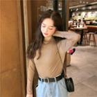 Glittered Mock-neck Long-sleeve Slim-fit Top