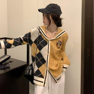 Argyle Panel Cardigan Khaki - One Size