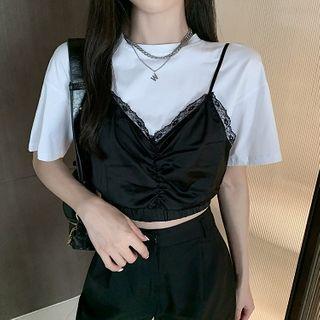 Mock-two Piece Loose-fit Cropped T-shirt