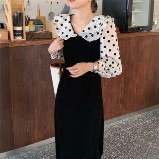 Long-sleeve Dot Panel Velvet Dress