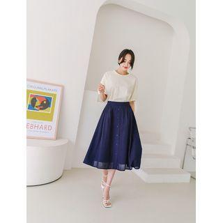Buttoned Linen Blend Midi Flare Skirt