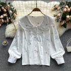 Peter Pan Collar Puff-sleeve Embroidered Floral Top White - One Size