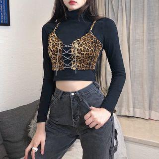 Mock Two-piece Leopard Print Panel Cropped T-shirt