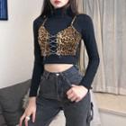Mock Two-piece Leopard Print Panel Cropped T-shirt