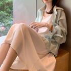 Bow-sleeve Chiffon Cardigan / Plain V-neck Slipdress