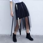 Strap Detail Mesh Long Skirt