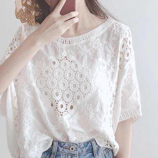 Short-sleeve Lace Cutout Blouse White - One Size