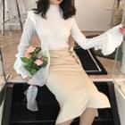 Plain Slim-fit Ruffle-sleeve Top