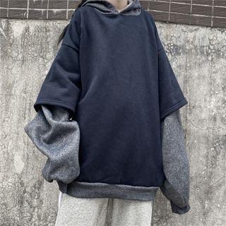 Mock Two-piece Hoodie Navy Blue - One Size