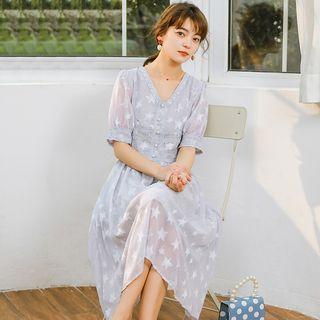 Star Patterned Short-sleeve A-line Midi Dress