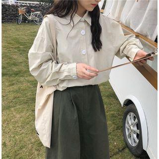 Long-sleeve Button-down Plain Shirt As Shown In Figure - One Size