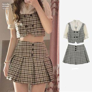 Set: Plaid Panel Cropped Blouse + Mini A-line Skirt