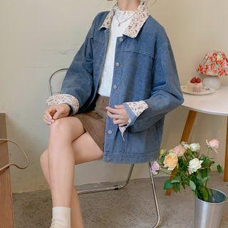 Floral Panel Collared Oversized Denim Jacket