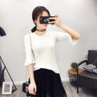 Ribbed Bell Elbow-sleeve Knitted Top