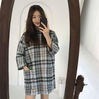 3/4-sleeve Plaid Shift Dress Skirt - Plaid - Gray - One Size