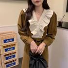 Puff-sleeve Ruffle Collar Double-breasted Midi A-line Dress