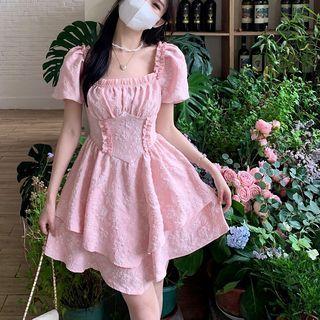 Short-sleeve Square Neck Ruffled Mini A-line Dress