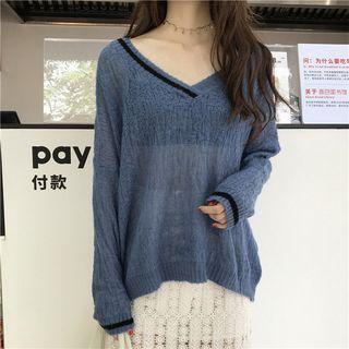 V-neck Contrast Trim Long-sleeve Light Knit Top